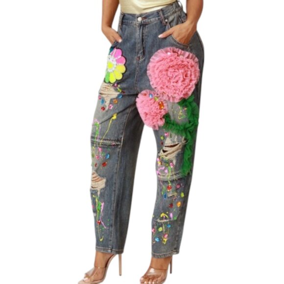 3D Floral Embellished Distressed Jeans Women's Denim Paint Splatter Ripped Y2K - Picture 1 of 11